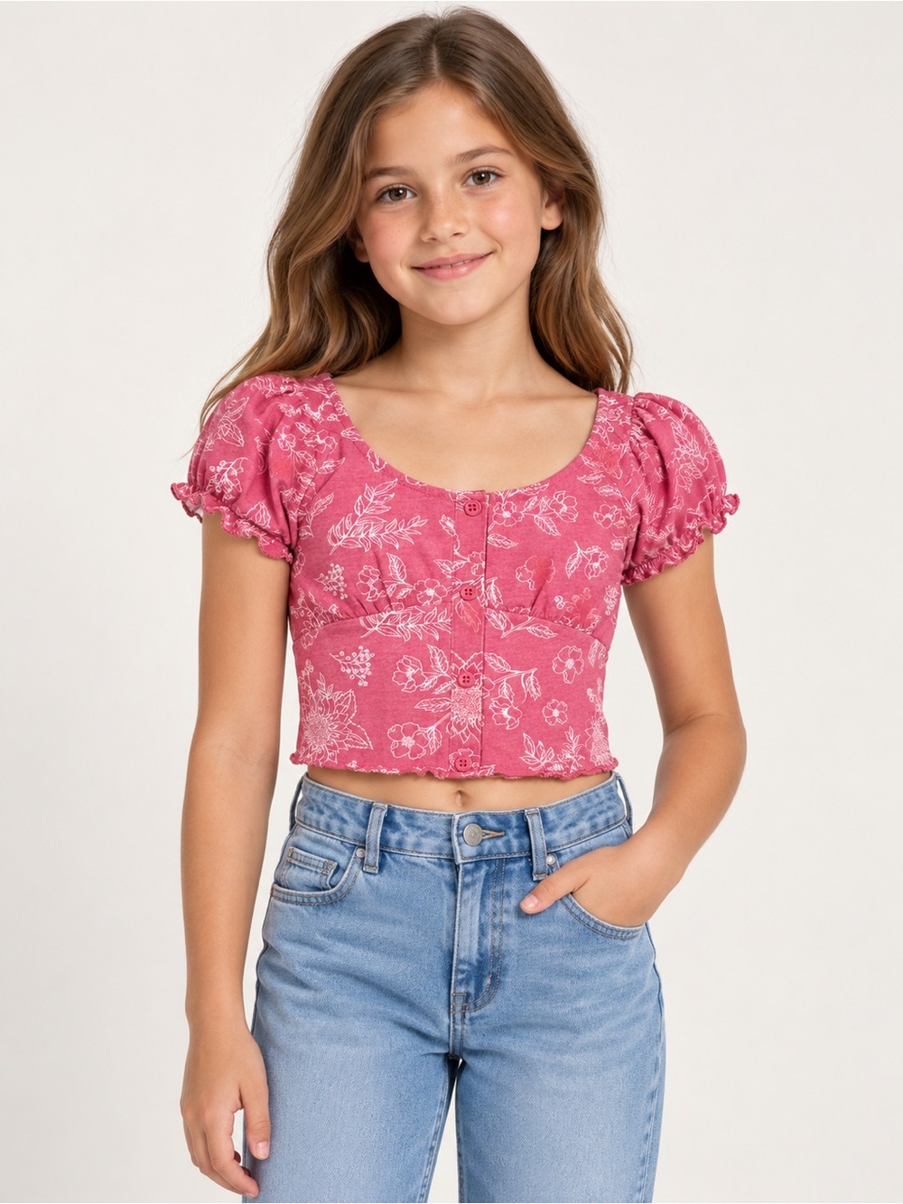 Btween Girls Pink Floral Button Front Crop Top Size 10 Cottagecore